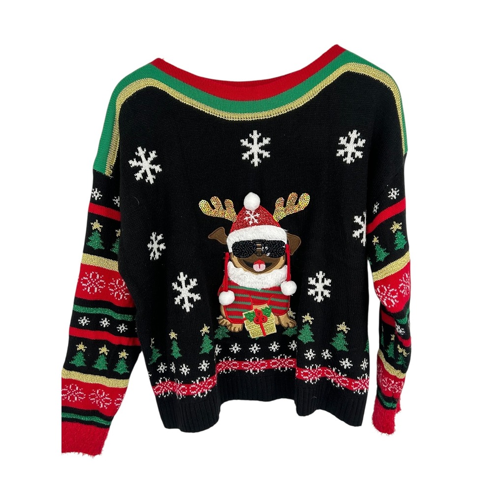 Blizzard Bay Ugly Christmas Sweater‎ Pug Dog Reindeer Sunglasses Gift Sequin M